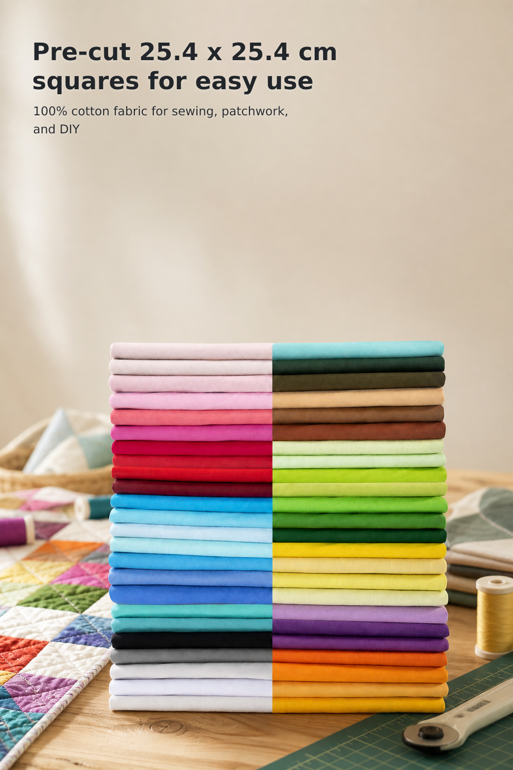 50-Piece 100% Cotton Fabric Squares – 25.4 × 25.4 cm