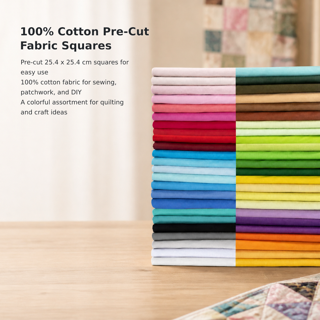 50-Piece 100% Cotton Fabric Squares – 25.4 × 25.4 cm